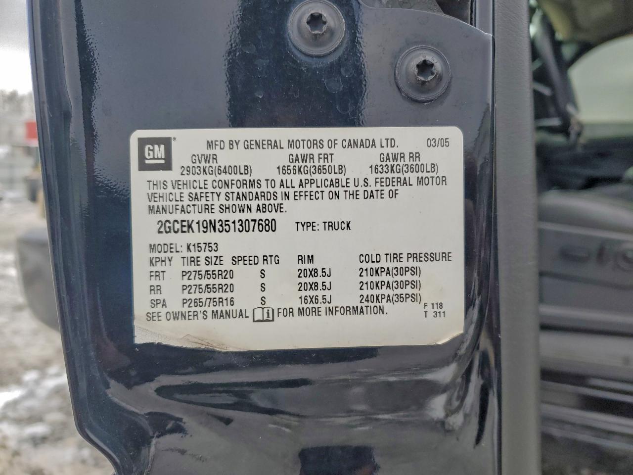 2005 Chevrolet Silverado Ss VIN: 2GCEK19N351307680 Lot: 95033325