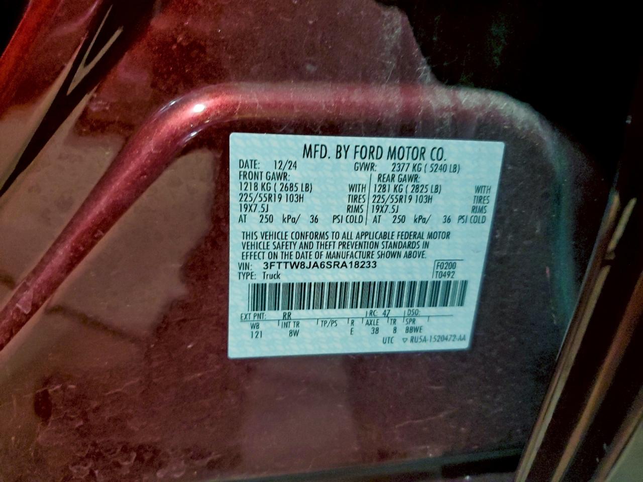 2025 Ford Maverick Xlt VIN: 3FTTW8JA6SRA18233 Lot: 96112205