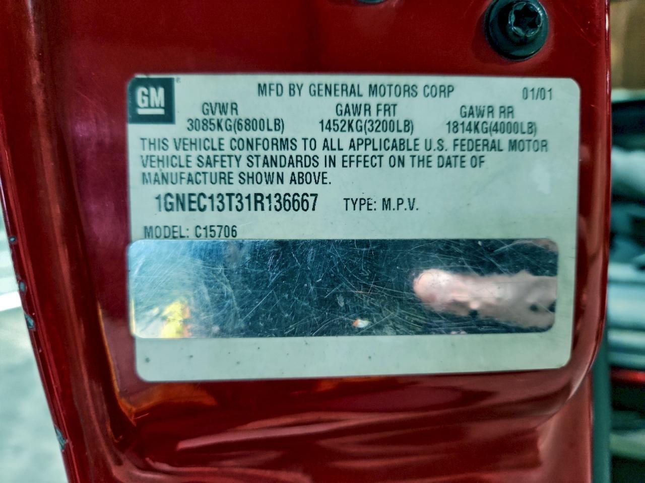 2001 Chevrolet Tahoe C1500 VIN: 1GNEC13T31R136667 Lot: 94779245