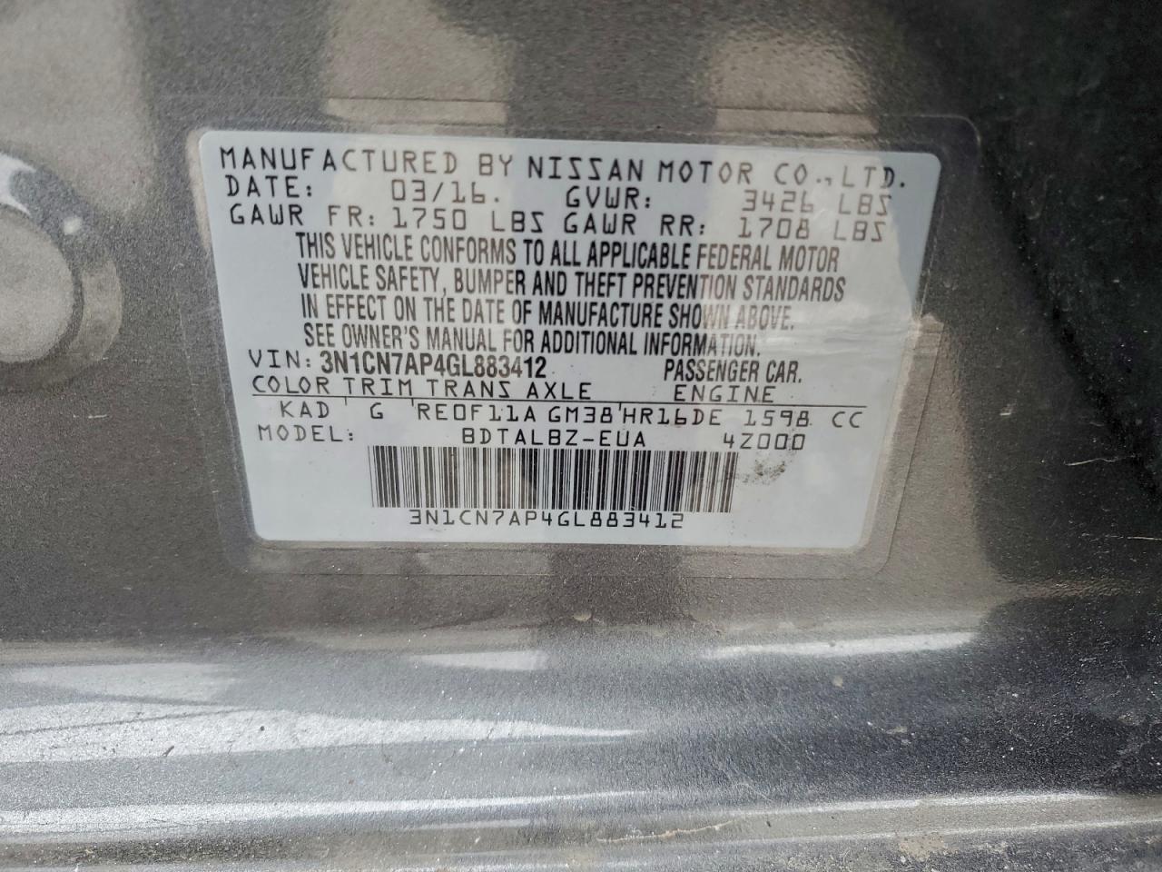 2016 Nissan Versa S VIN: 3N1CN7AP4GL883412 Lot: 96624185