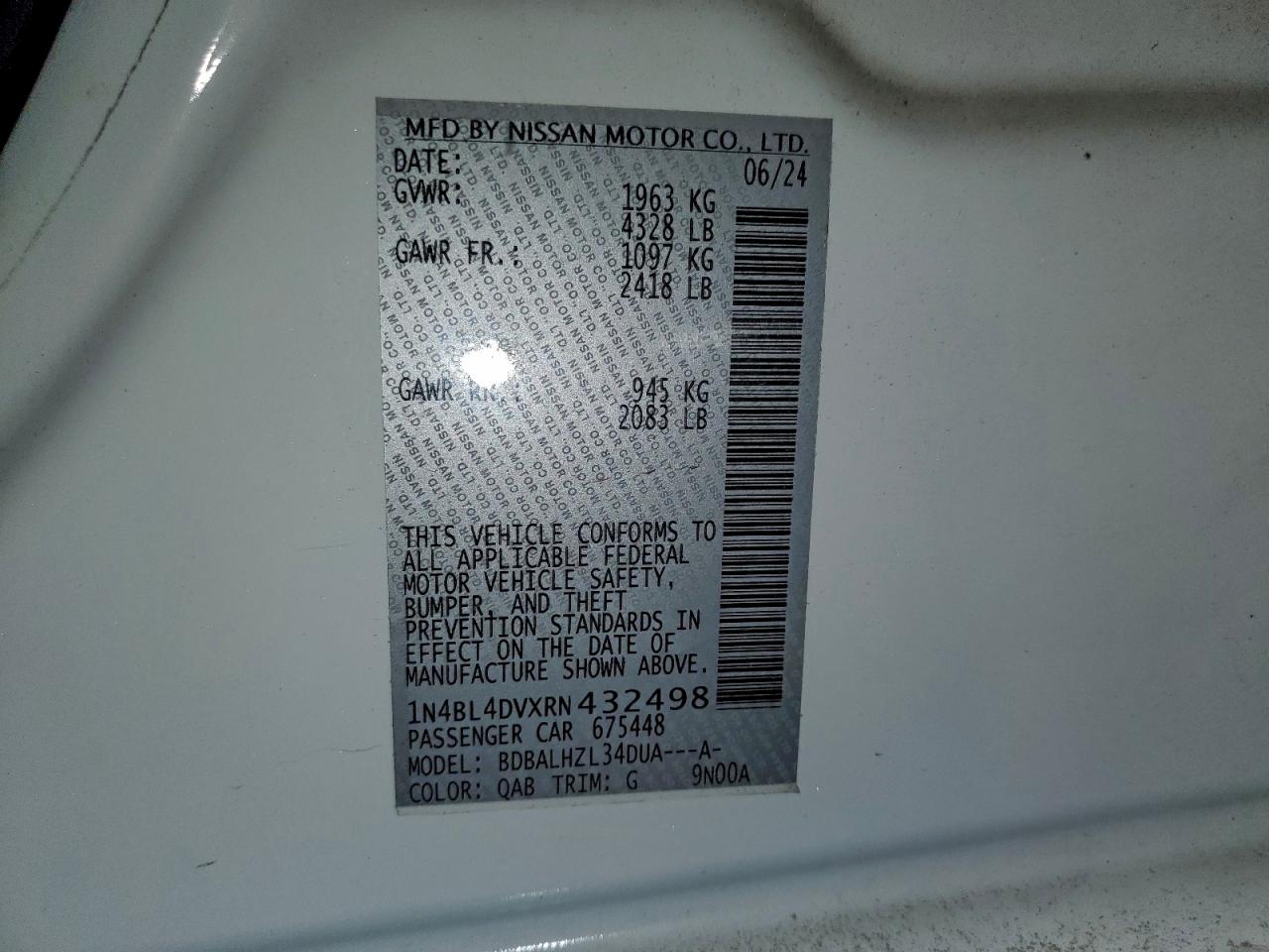 2024 Nissan Altima Sv VIN: 1N4BL4DVXRN432498 Lot: 95529675