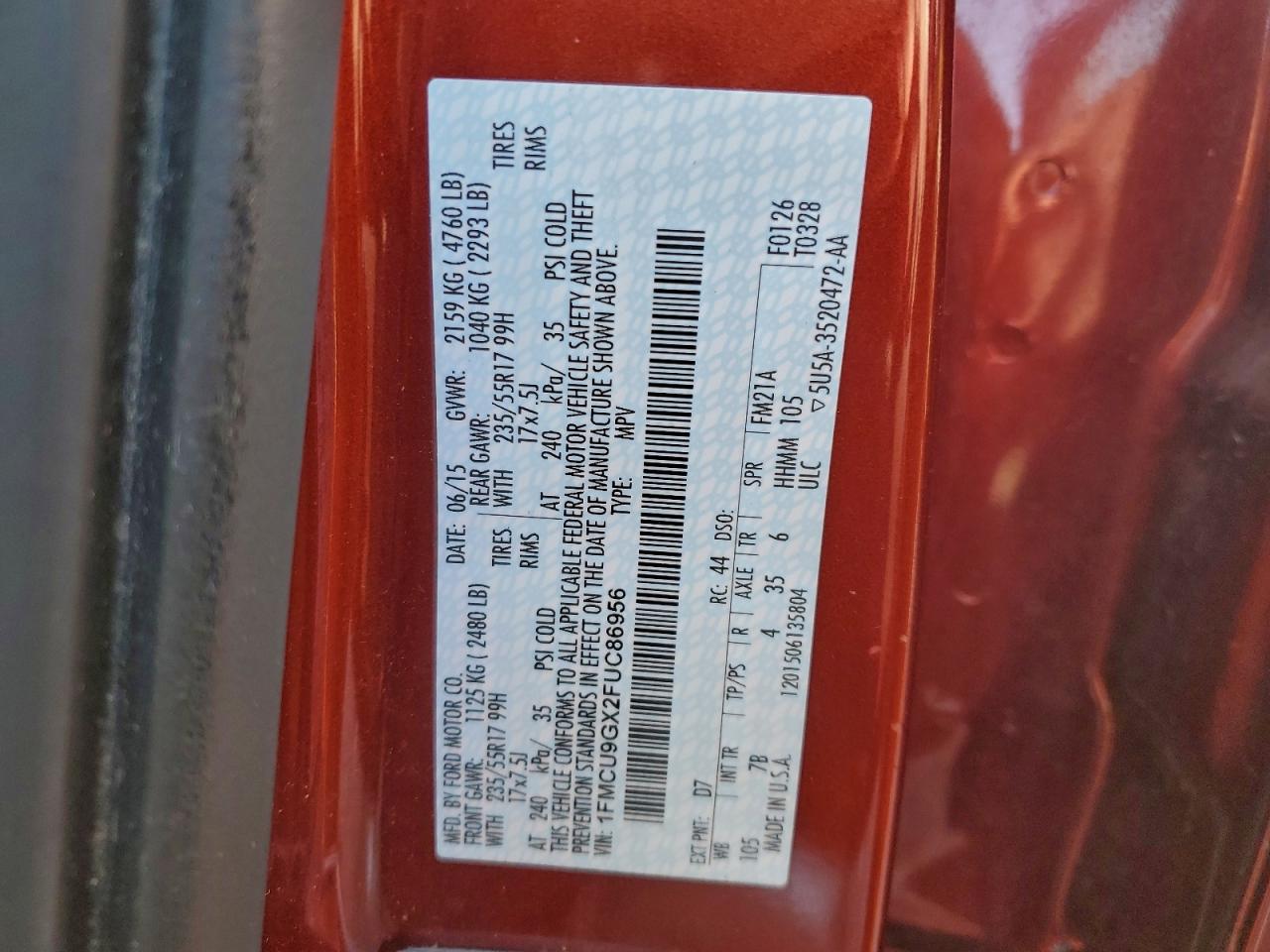 2015 Ford Escape Se VIN: 1FMCU9GX2FUC86956 Lot: 95433735