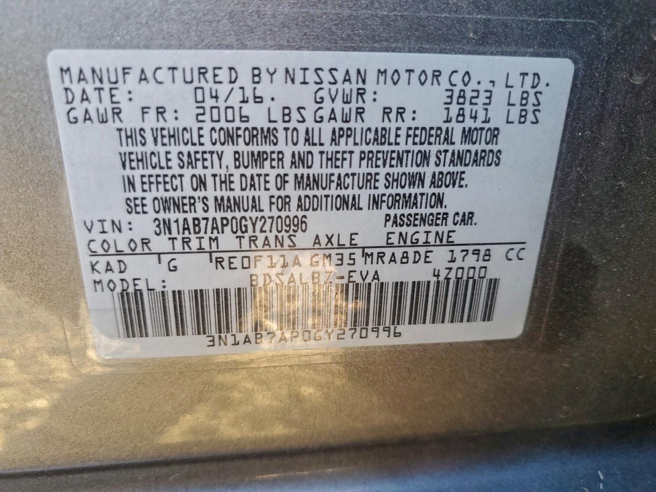 2016 Nissan Sentra S VIN: 3N1AB7AP0GY270996 Lot: 96624585