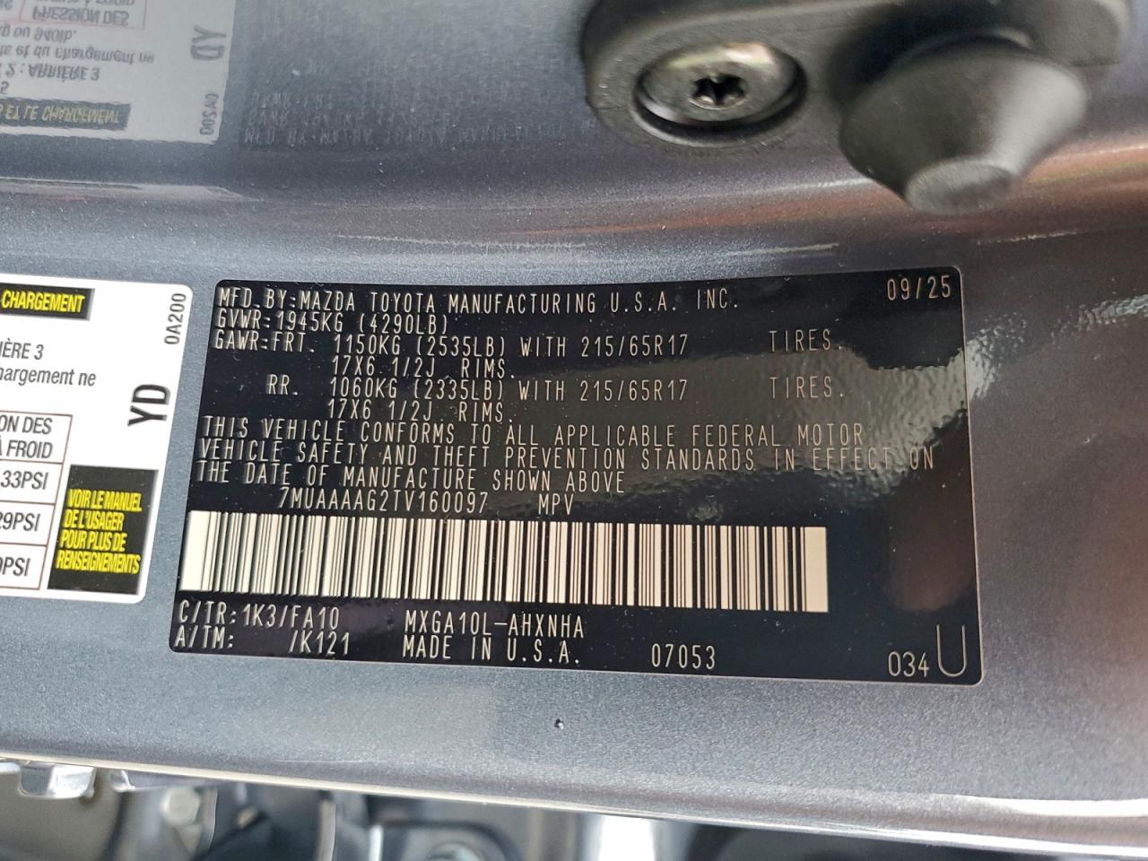 2026 Toyota Corolla Cross L VIN: 7MUAAAAG2TV160097 Lot: 96619715