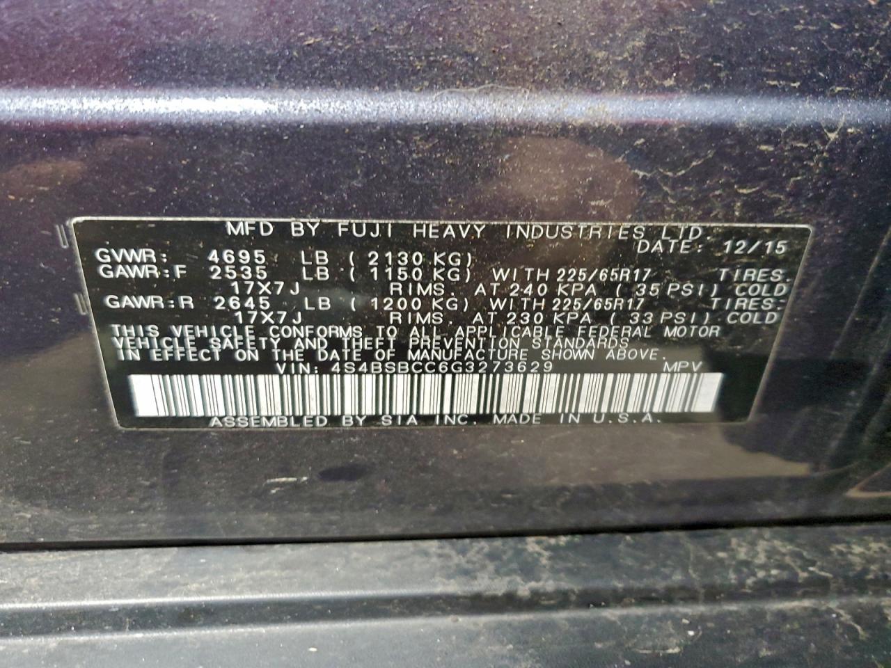 2016 Subaru Outback 2.5I Premium VIN: 4S4BSBCC6G3273629 Lot: 94759235