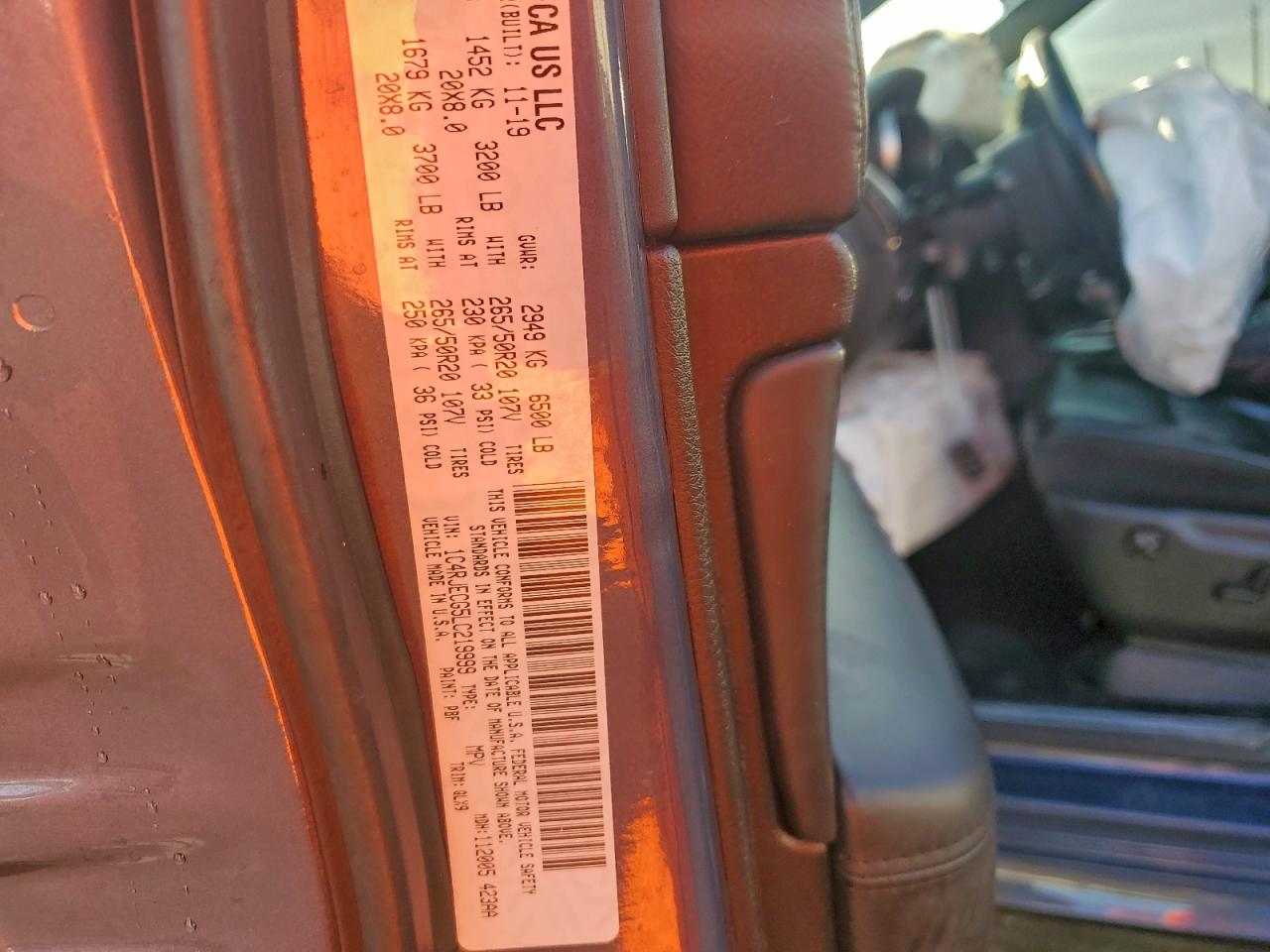 2020 Jeep Grand Cherokee Overland VIN: 1C4RJECG5LC219999 Lot: 95026655