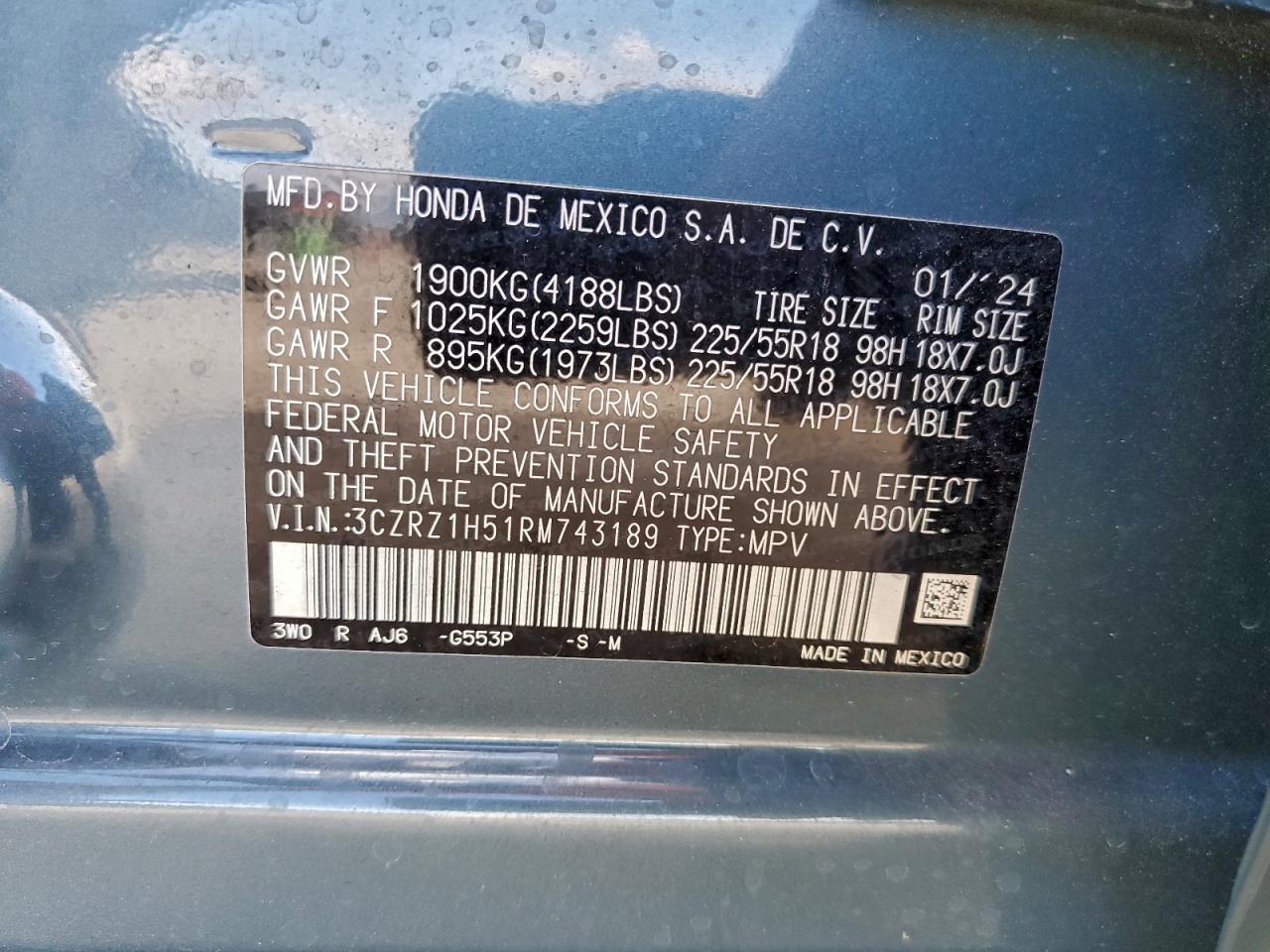 2024 Honda Hr-V Sport VIN: 3CZRZ1H51RM743189 Lot: 95404005
