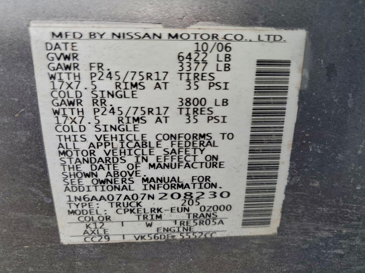 2007 Nissan Titan Xe VIN: 1N6AA07A07N208230 Lot: 95898085