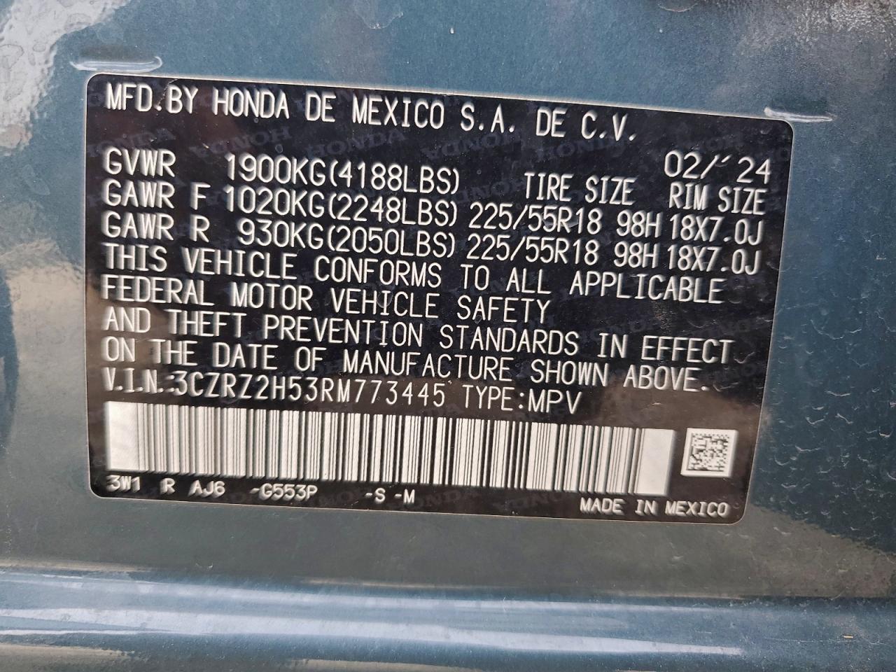 2024 Honda Hr-V Sport VIN: 3CZRZ2H53RM773445 Lot: 97052775