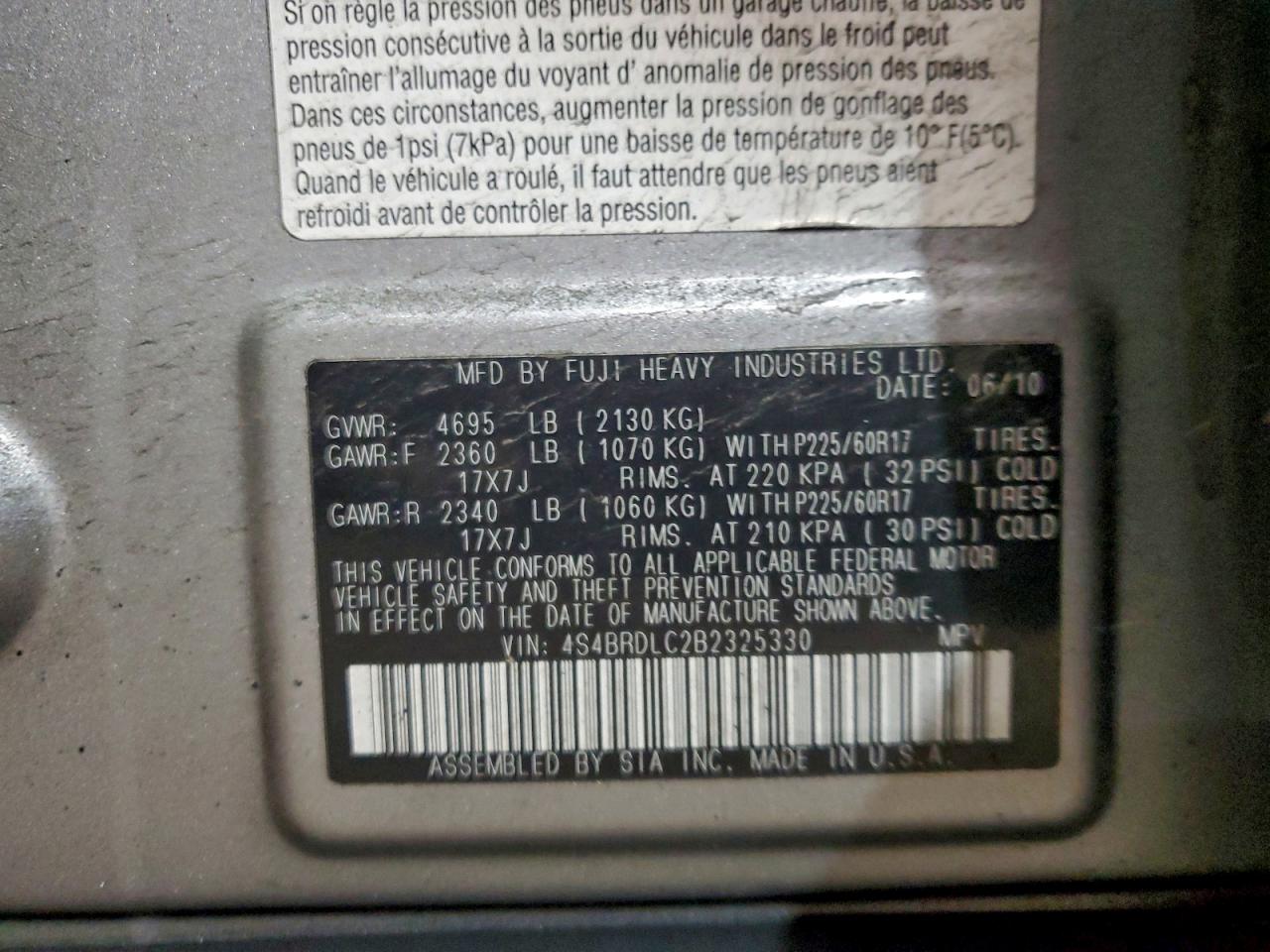 2011 Subaru Outback 3.6R Limited VIN: 4S4BRDLC2B2325330 Lot: 95448225