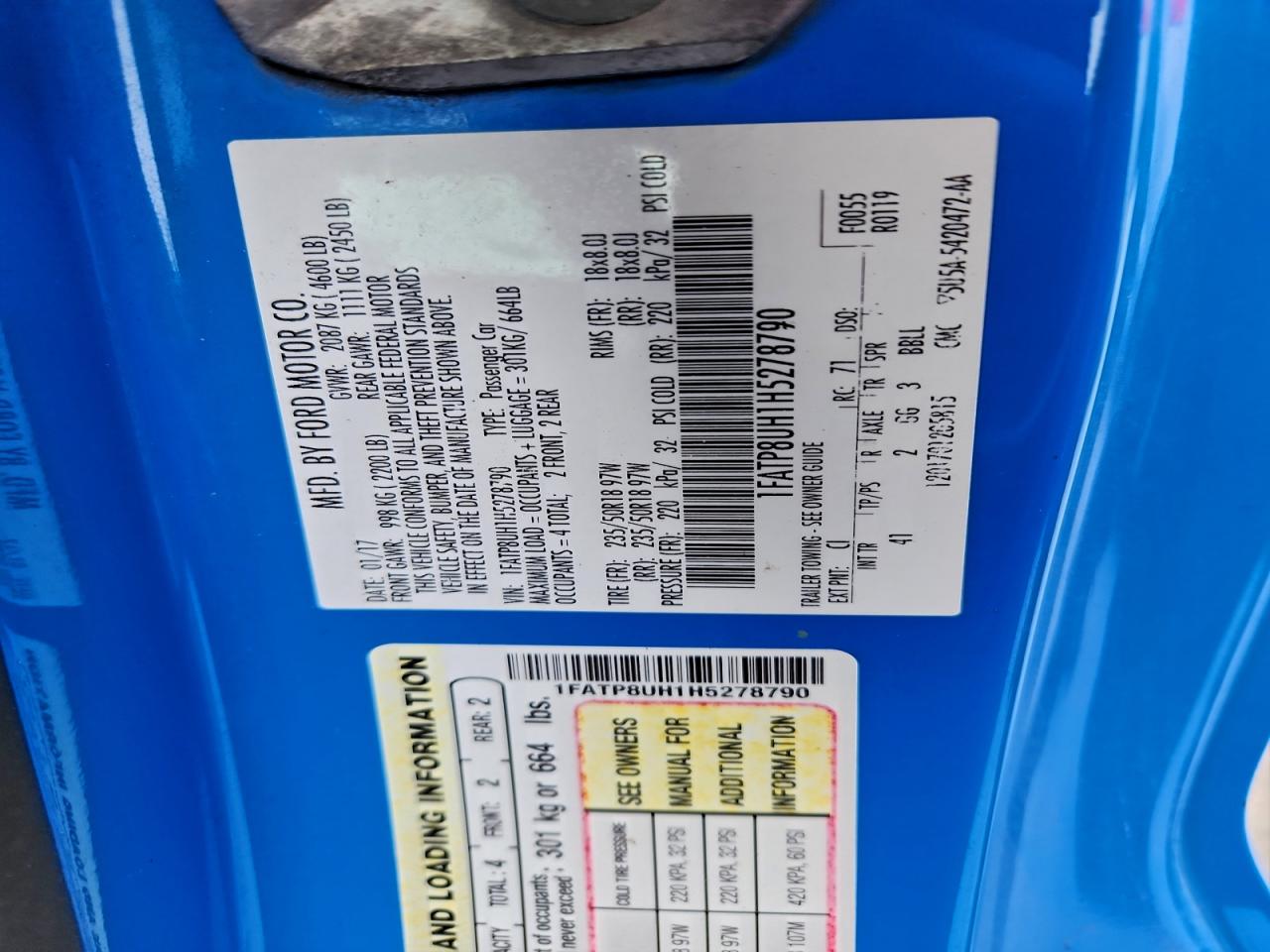 2017 Ford Mustang VIN: 1FATP8UH1H5278790 Lot: 96946095