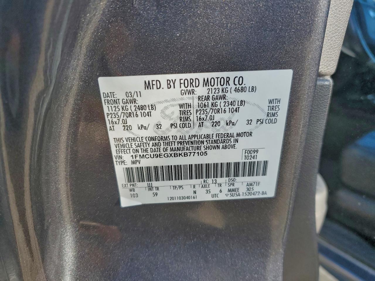 2011 Ford Escape Limited VIN: 1FMCU9EGXBKB77105 Lot: 95769055