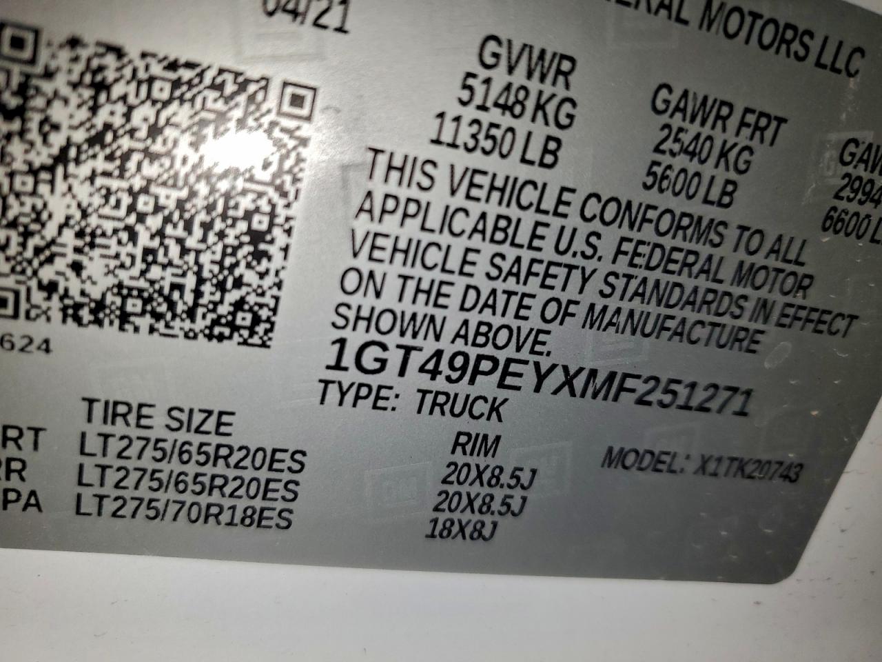 2021 GMC Sierra K25 VIN: 251271 Lot: 95795525