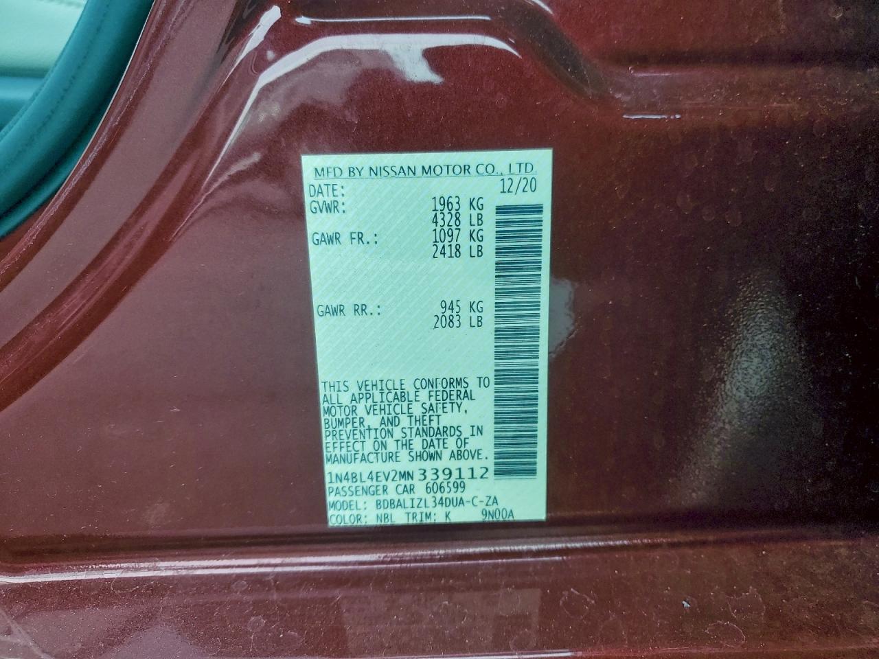 2021 Nissan Altima Sl VIN: 1N4BL4EV2MN339112 Lot: 95607525