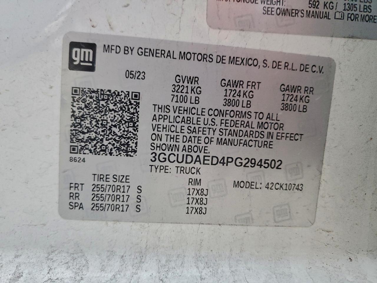 2023 Chevrolet Silverado K1500 VIN: 3GCUDAED4PG294502 Lot: 94370315