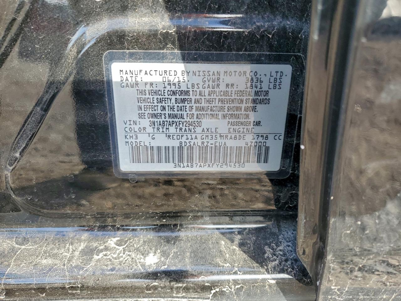 2015 Nissan Sentra S VIN: 3N1AB7APXFY294530 Lot: 96692995