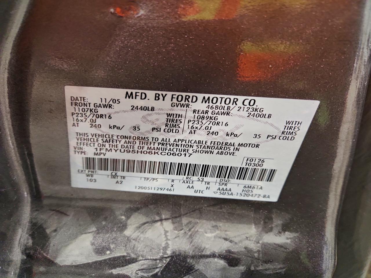 2006 Ford Escape Hev VIN: 1FMYU95H06KC06017 Lot: 92747305