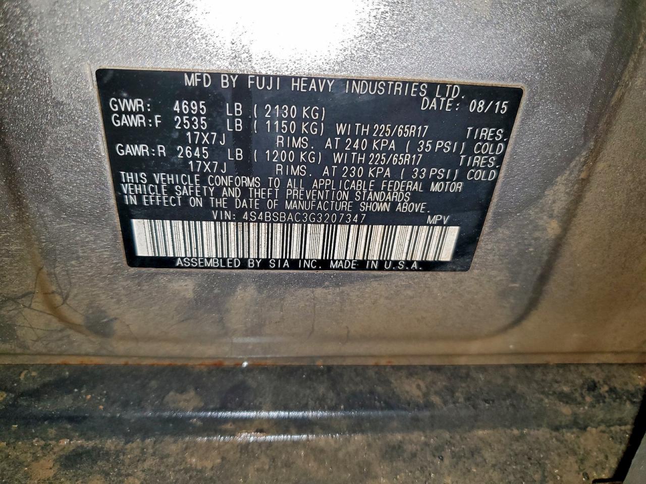 2016 Subaru Outback 2.5I VIN: 4S4BSBAC3G3207347 Lot: 95473005