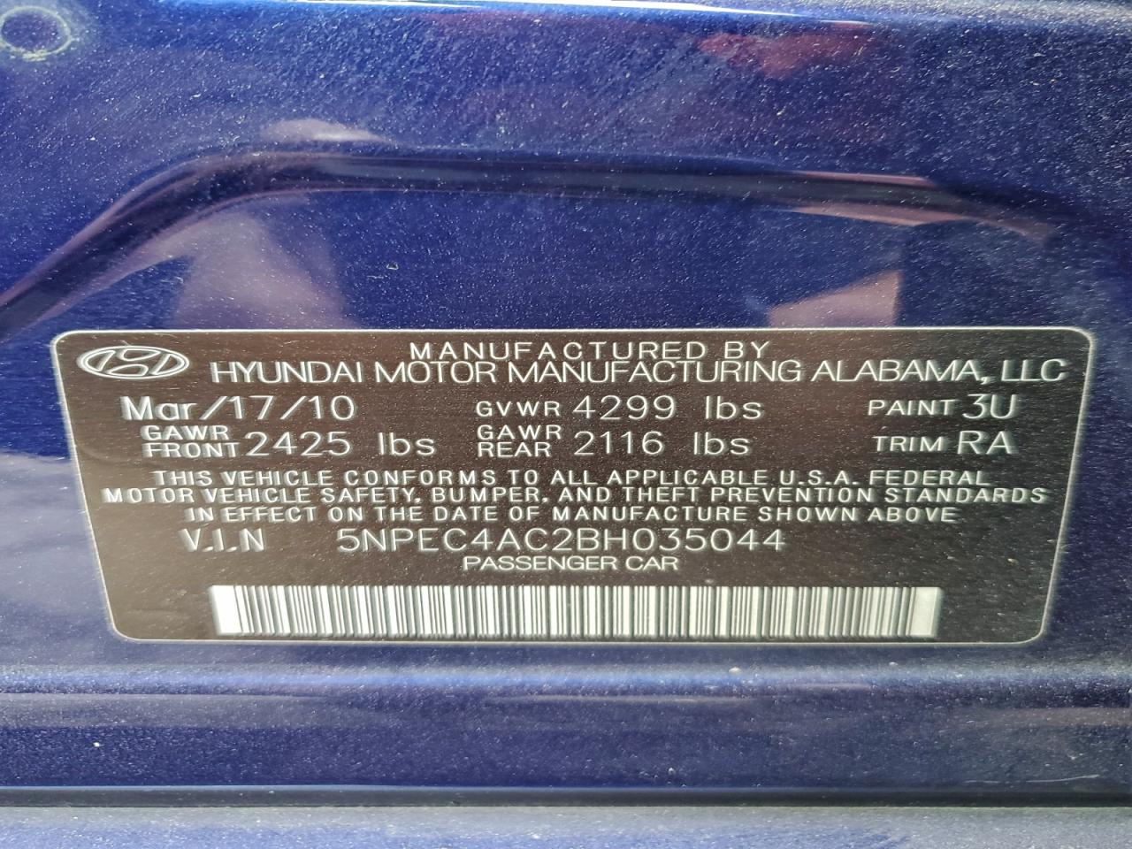 2011 Hyundai Sonata Se VIN: 5NPEC4AC2BH035044 Lot: 94602755