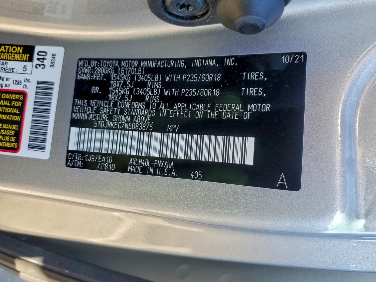 2022 Toyota Sienna Xle VIN: 5TDJRKEC7NS083875 Lot: 93349815