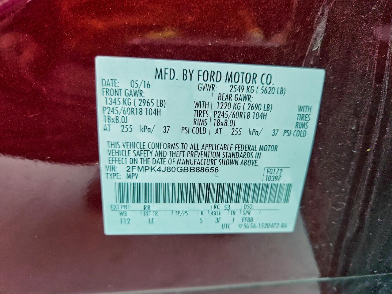 2016 Ford Edge Sel VIN: 2FMPK4J80GBB88656 Lot: 94682005