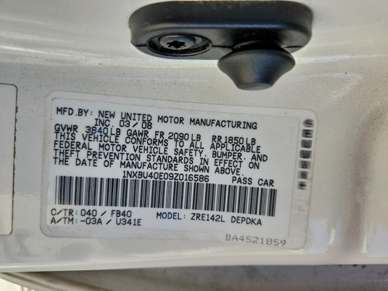 2009 Toyota Corolla Base VIN: 1NXBU40E09Z016586 Lot: 96370295