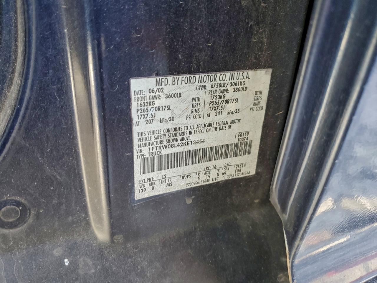 2002 Ford F150 Supercrew VIN: 1FTRW08L42KE13454 Lot: 97566765