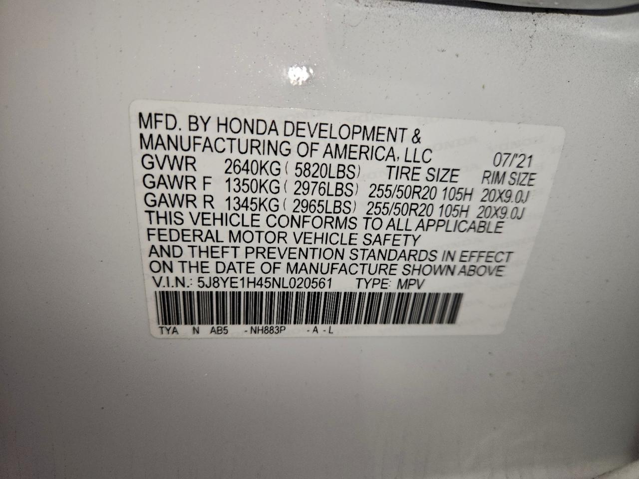 2022 Acura Mdx Technology VIN: 5J8YE1H45NL020561 Lot: 95503265