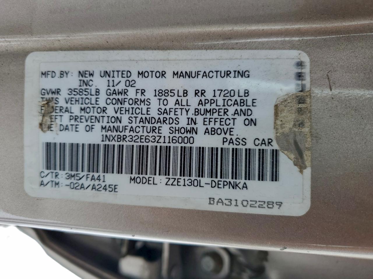 2003 Toyota Corolla Ce VIN: 1NXBR32E63Z116000 Lot: 95112365