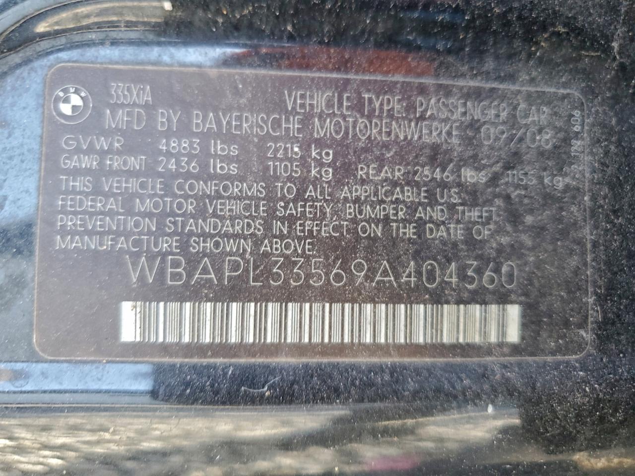 2009 BMW 335 Xi VIN: WBAPL33569A404360 Lot: 96790425