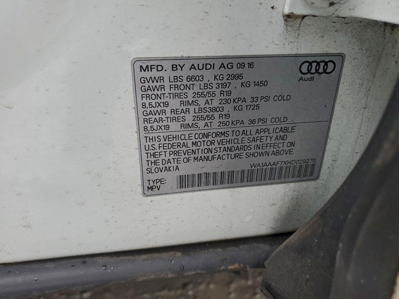 2017 Audi Q7 Premium VIN: WA1AAAF7XHD028270 Lot: 95513425