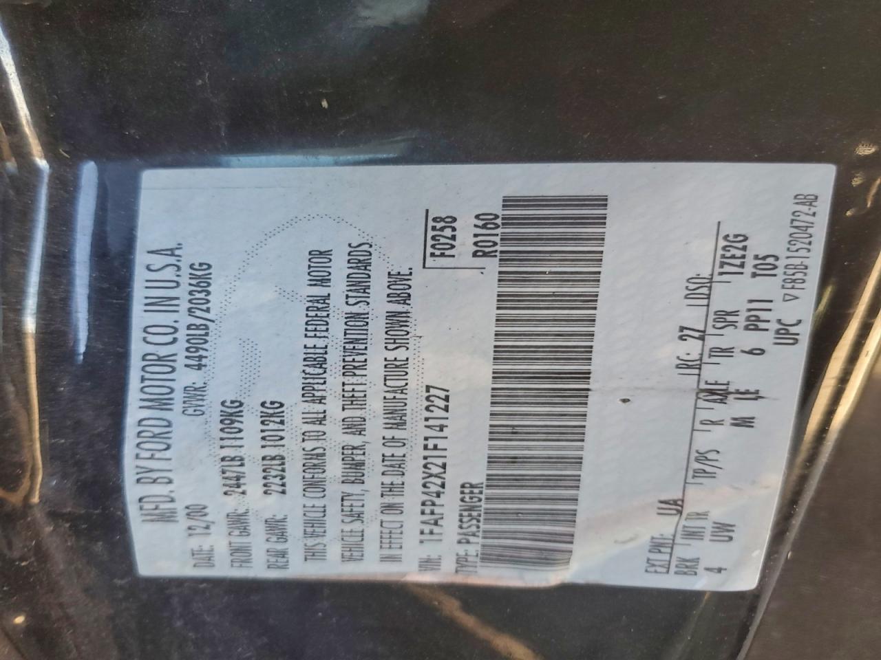 2001 Ford Mustang Gt VIN: 1FAFP42X21F141227 Lot: 94384135