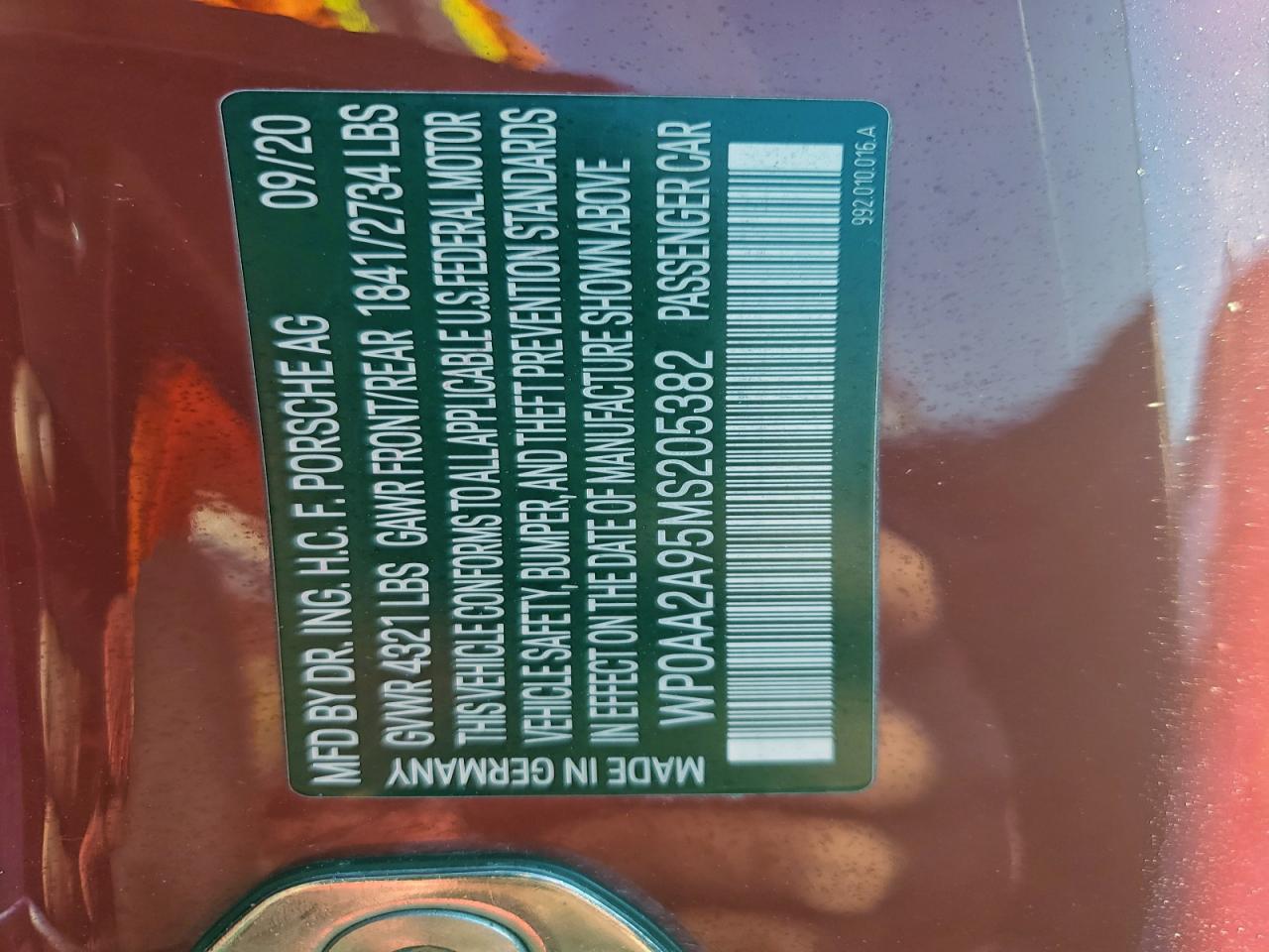 2021 Porsche 911 Carrera VIN: WP0AA2A95MS205382 Lot: 96499725