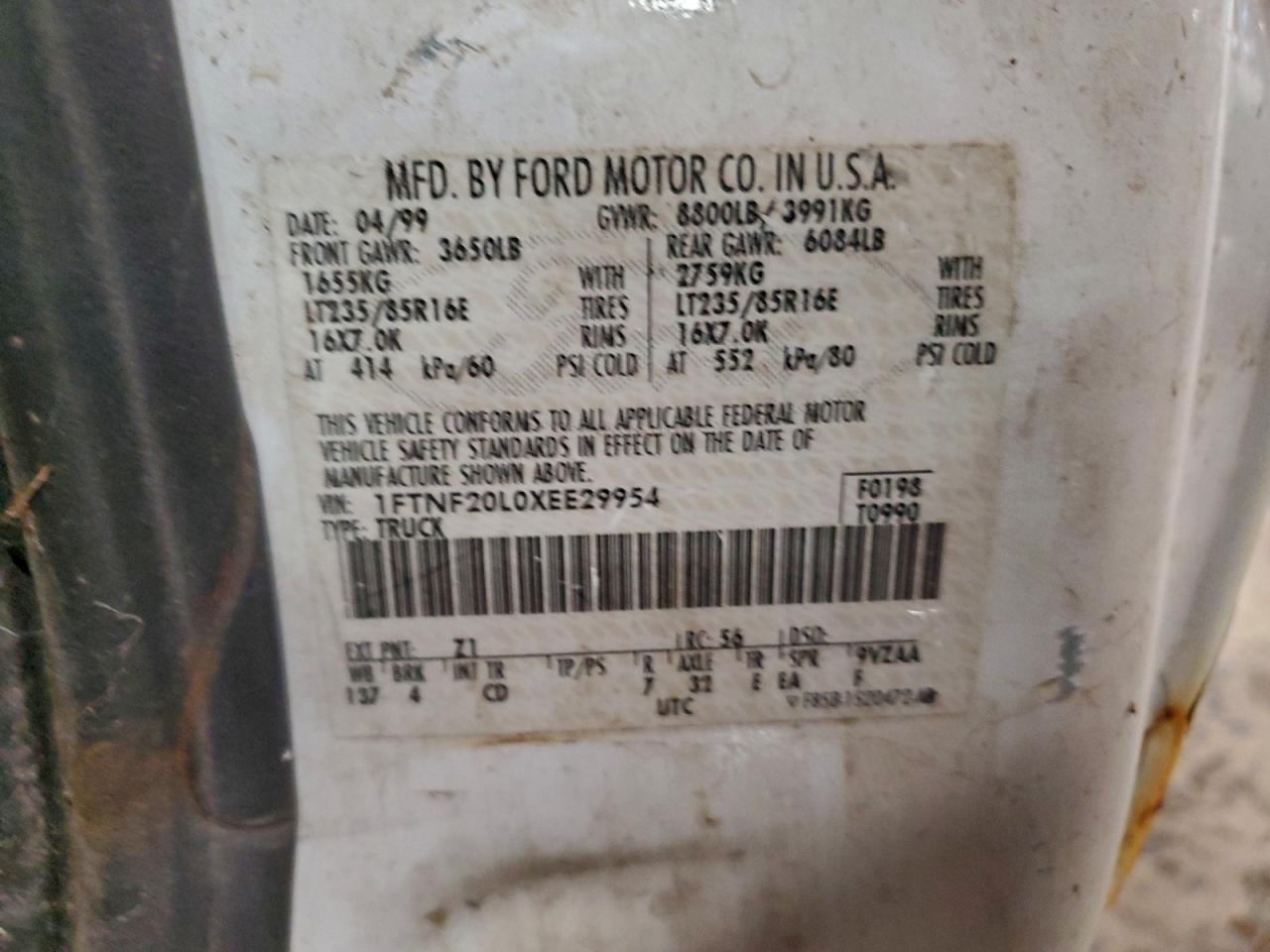 1999 Ford F250 Super Duty VIN: 1FTNF20L0XEE29954 Lot: 97209285