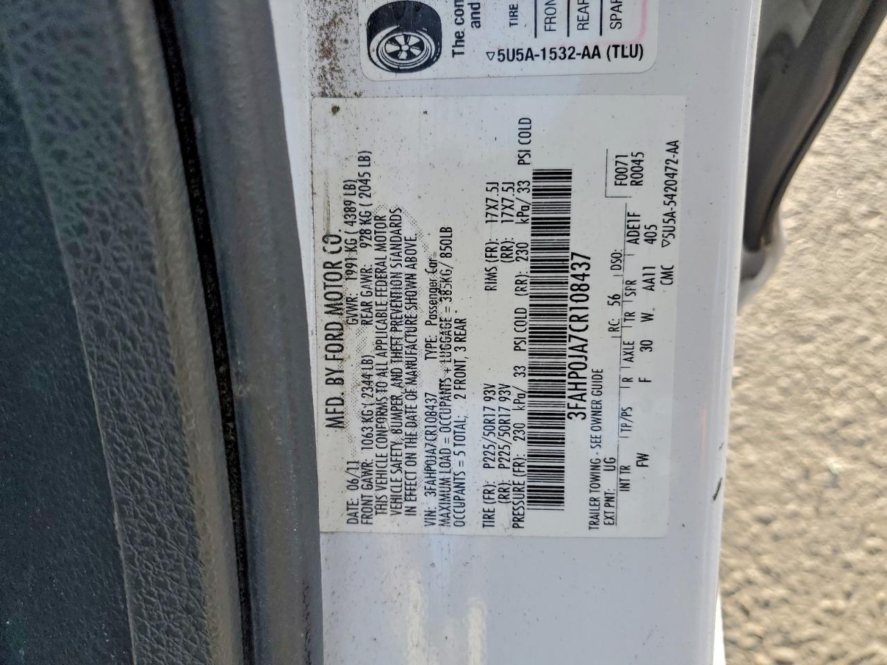 2012 Ford Fusion Sel VIN: 3FAHP0JA7CR108437 Lot: 95358085