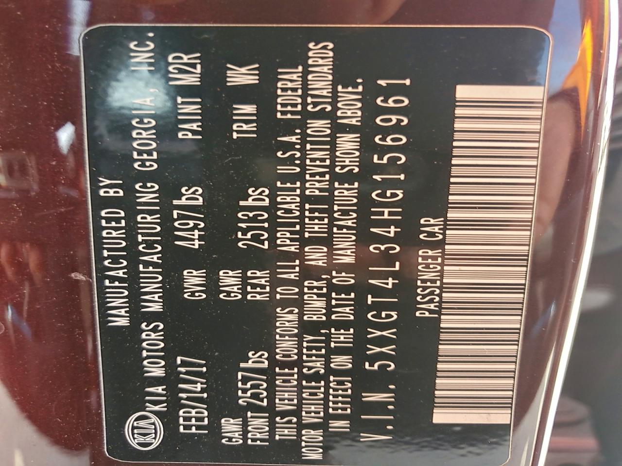 2017 Kia Optima Lx VIN: 5XXGT4L34HG156961 Lot: 96943365