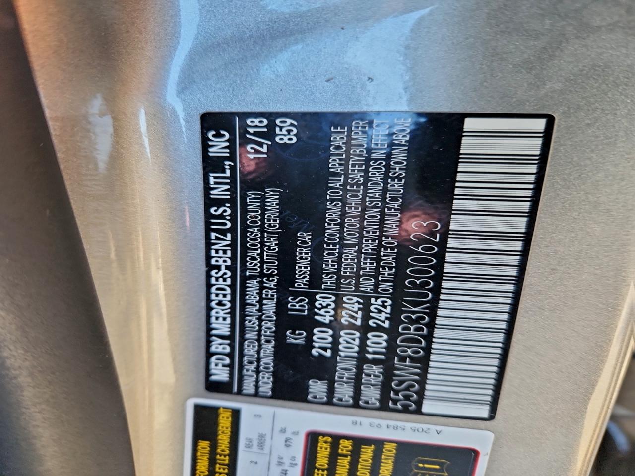 2019 Mercedes-Benz C 300 VIN: 55SWF8DB3KU300623 Lot: 95940225