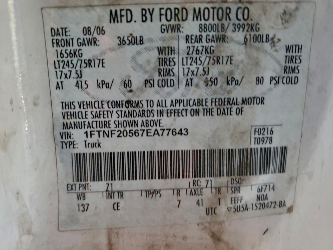 2007 Ford F250 Super Duty VIN: 1FTNF20567EA77643 Lot: 95286255