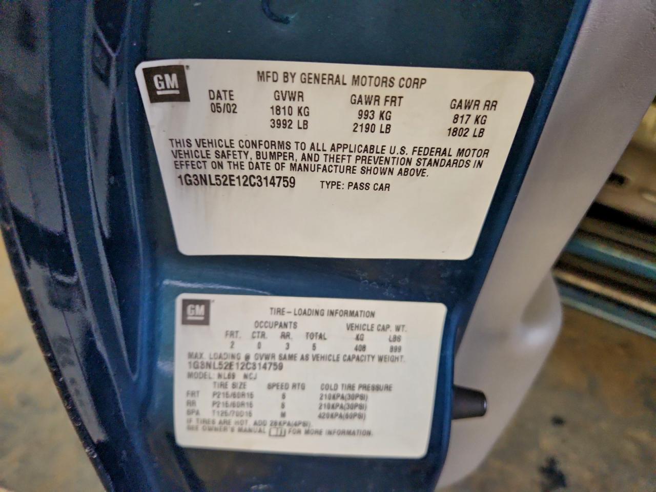 2002 Oldsmobile Alero Gl VIN: 1G3NL52E12C314759 Lot: 95406435