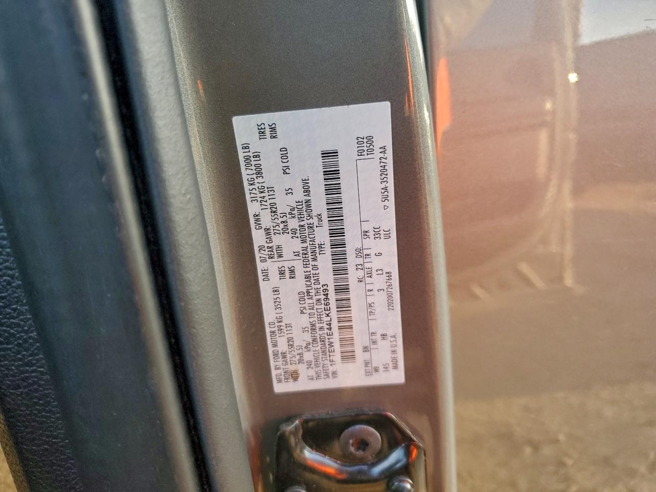 2020 Ford F150 Supercrew VIN: 1FTEW1E44LKE69493 Lot: 95890105