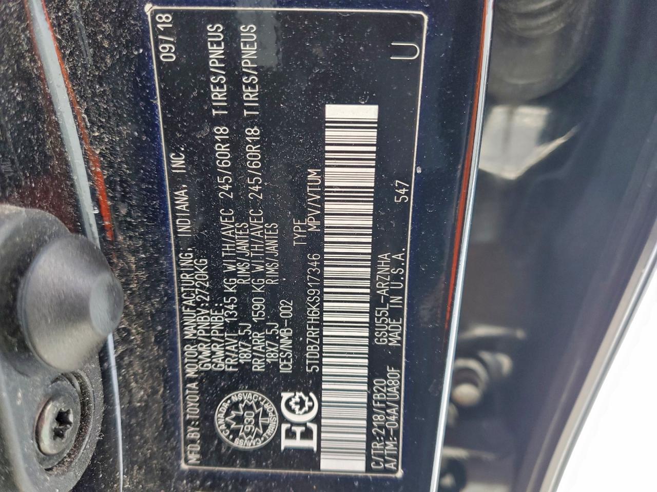 2019 Toyota Highlander Le VIN: 5TDBZRFH6KS917346 Lot: 93871905