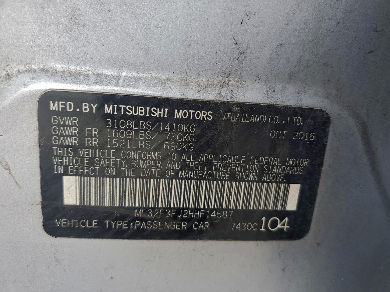 2017 Mitsubishi Mirage G4 Es VIN: ML32F3FJ2HHF14587 Lot: 95190015
