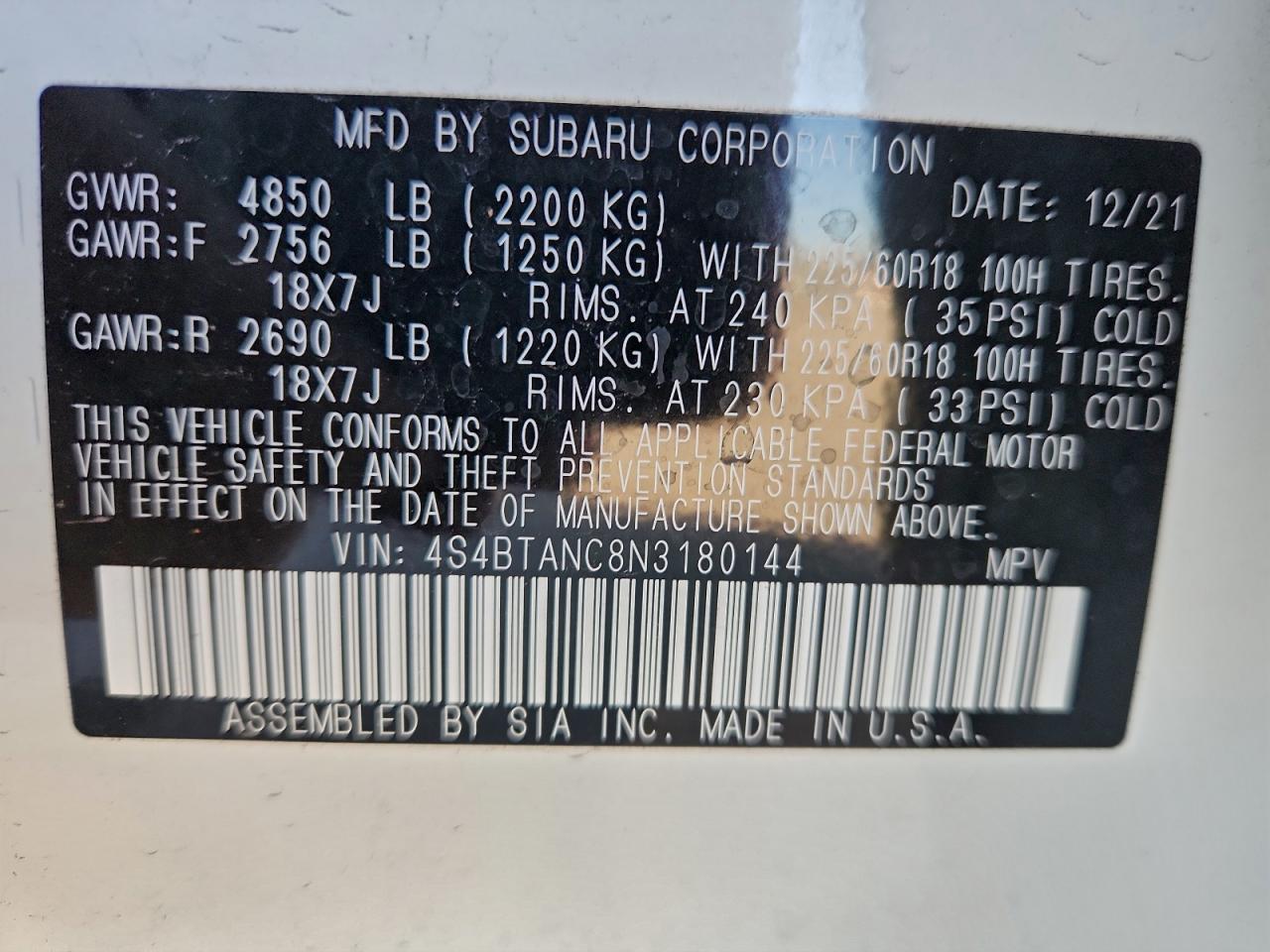 2022 Subaru Outback Limited VIN: 4S4BTANC8N3180144 Lot: 96471125