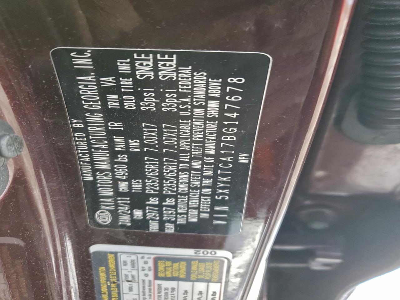 2011 Kia Sorento Base VIN: 5XYKTCA17BG147678 Lot: 95531535