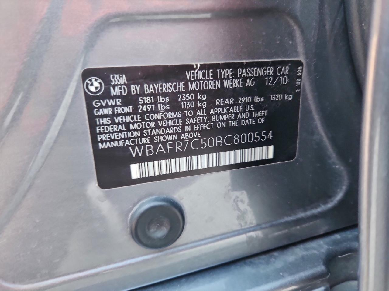 2011 BMW 535 I VIN: WBAFR7C50BC800554 Lot: 95459875