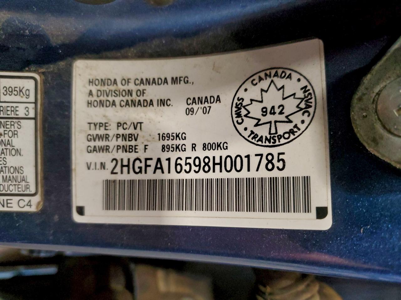 2008 Honda Civic Lx VIN: 2HGFA16598H001785 Lot: 95028505