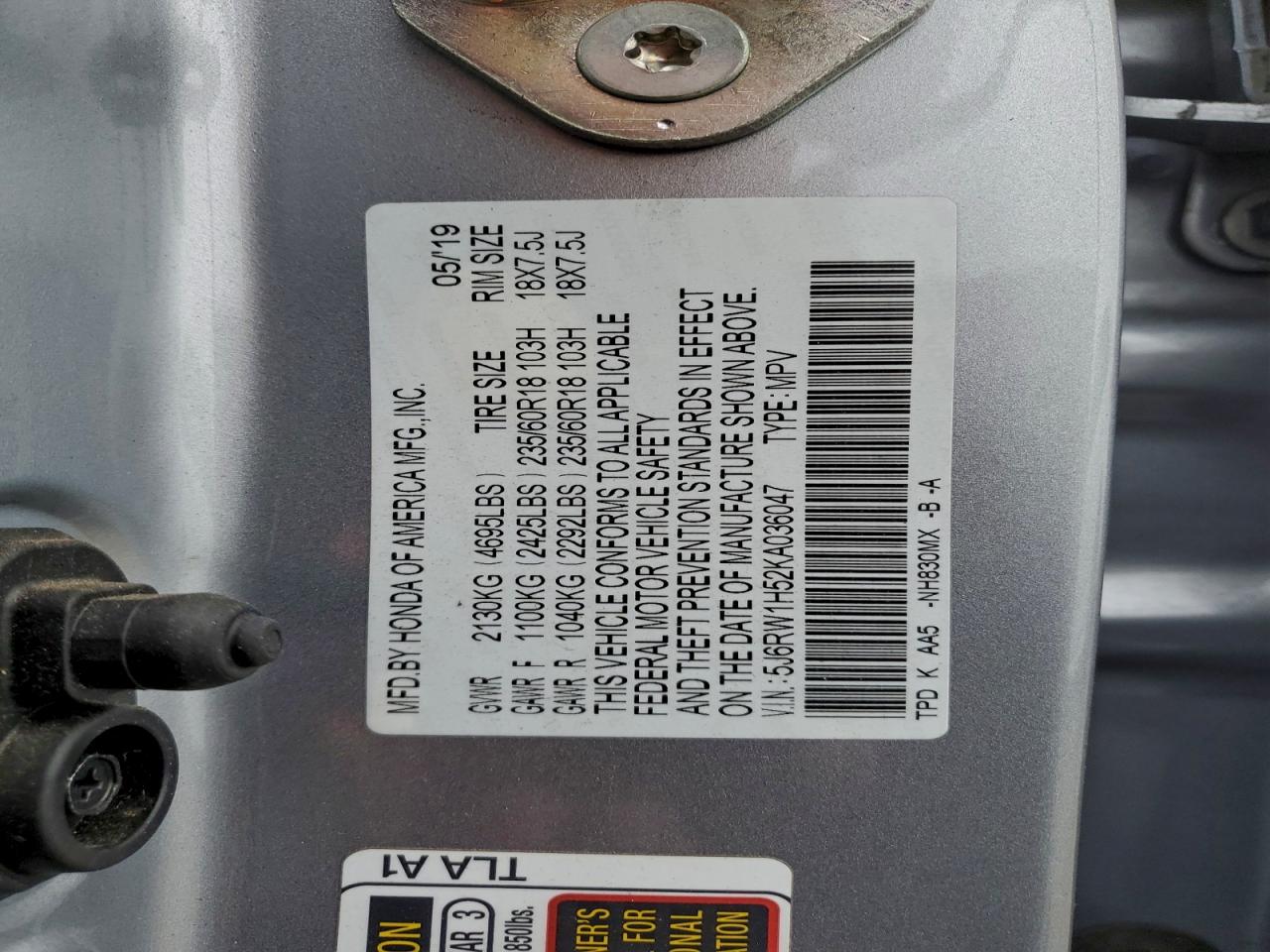 2019 Honda Cr-V Ex VIN: 5J6RW1H52KA036047 Lot: 97168885