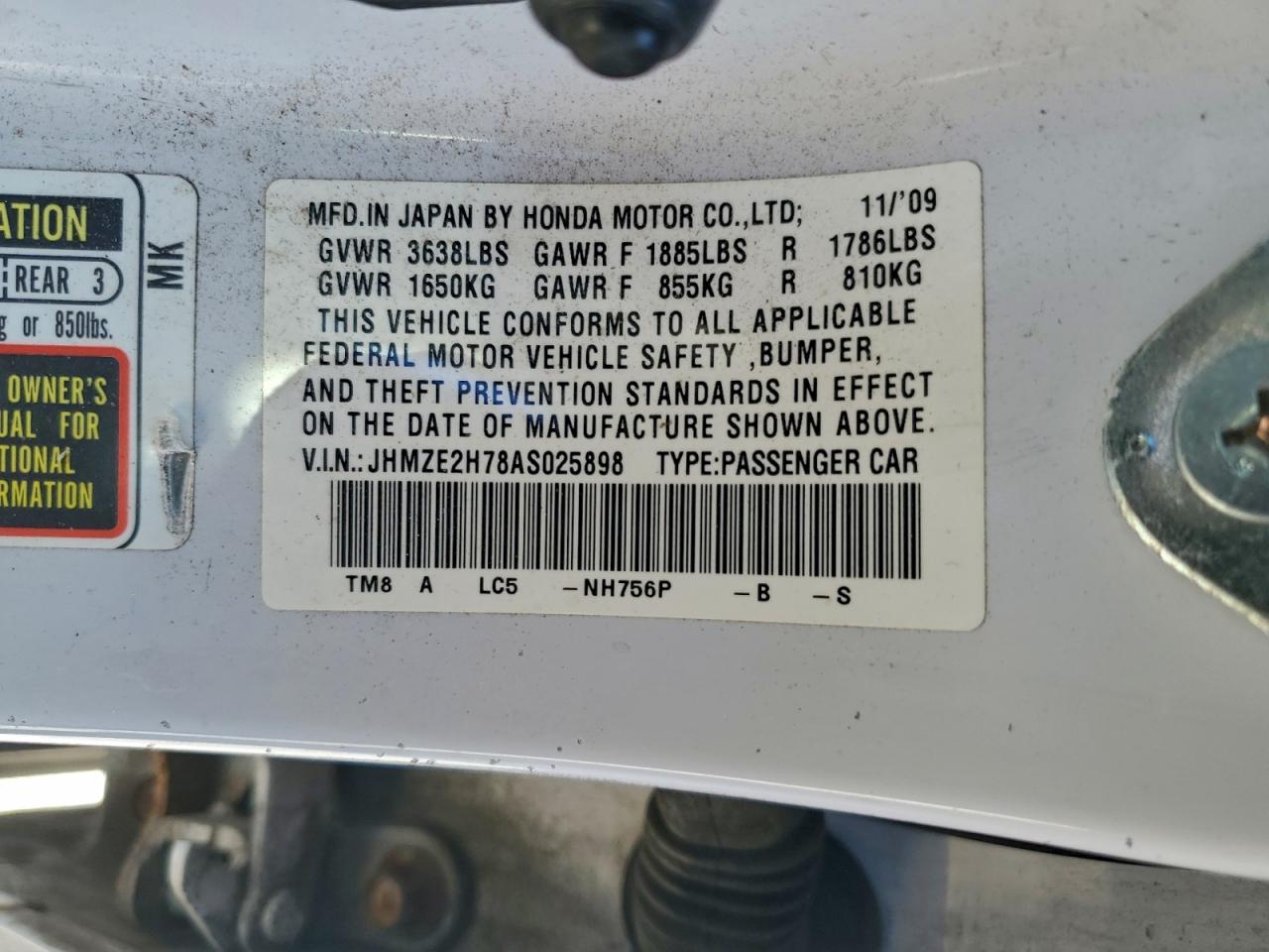 2010 Honda Insight Ex VIN: JHMZE2H78AS025898 Lot: 95881625