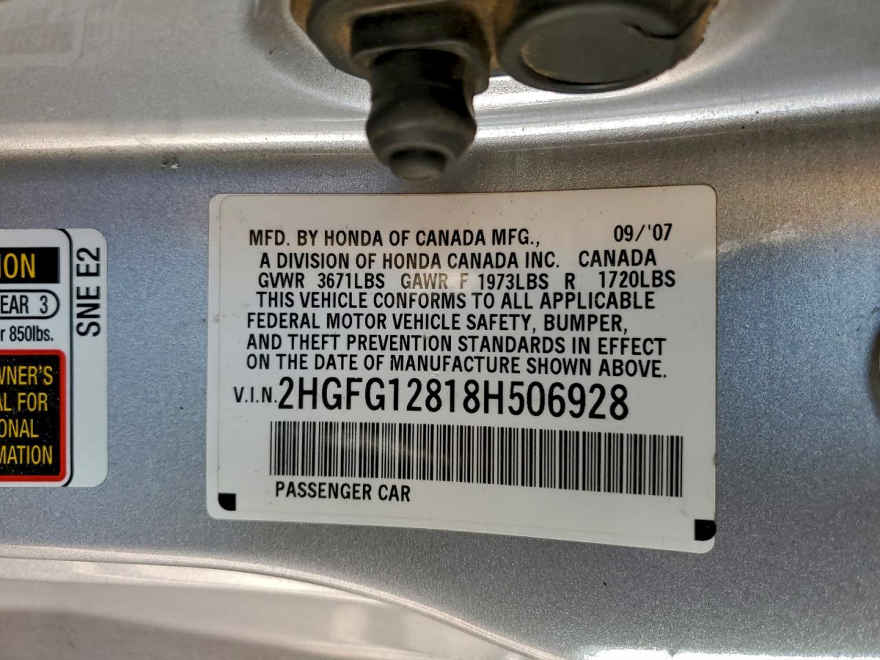 2008 Honda Civic Ex VIN: 2HGFG12818H506928 Lot: 95846065