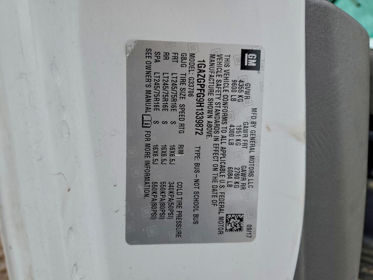 2017 Chevrolet Express G3500 Lt VIN: 1GAZGPFG9H1339872 Lot: 94174395